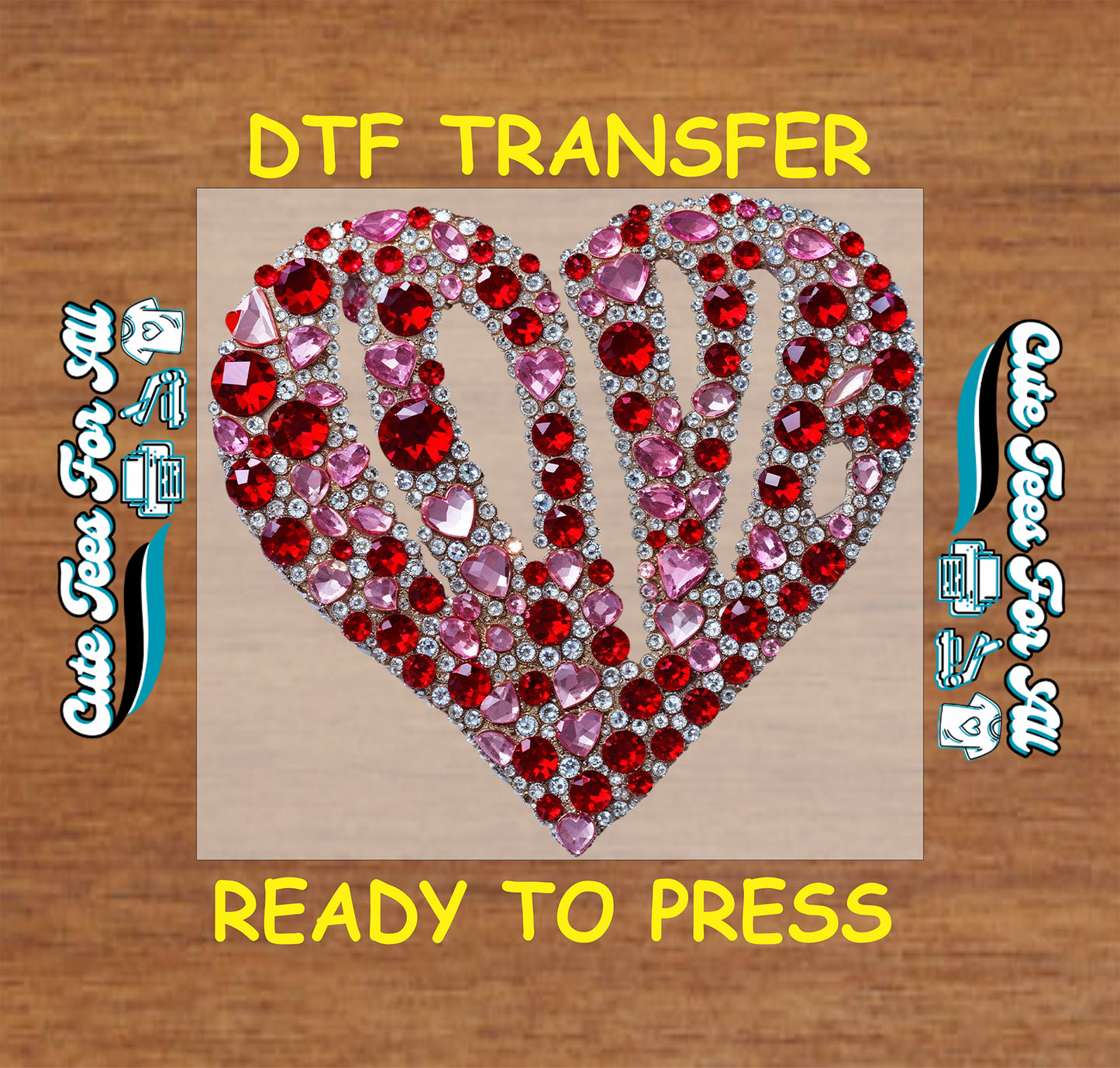 valentine rhinestone heart ready to press dtf transfer with red and pink crystal gem texture love themed heat transfer