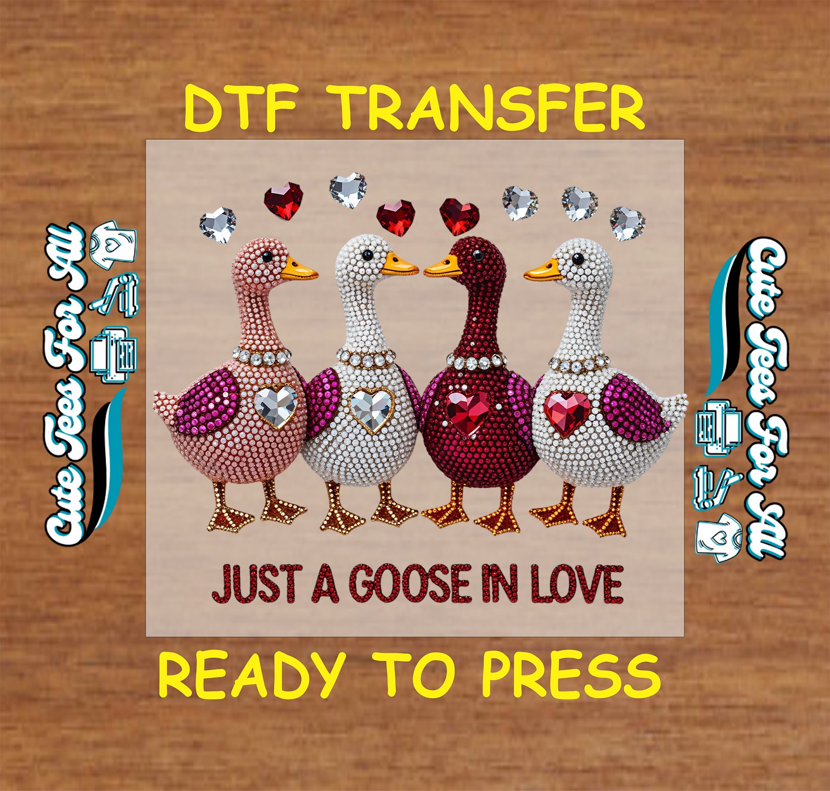 valentine goose love ready to press dtf transfer with rhinestone style geese heart gemstones and just a goose in love text