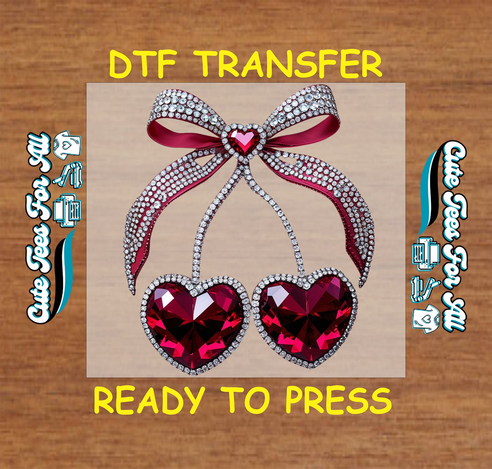 Ready to press dtf transfer with rhinestone cherry hearts and jeweled bow, luxury cherry artwork iron on heat transfer for DIY shirts