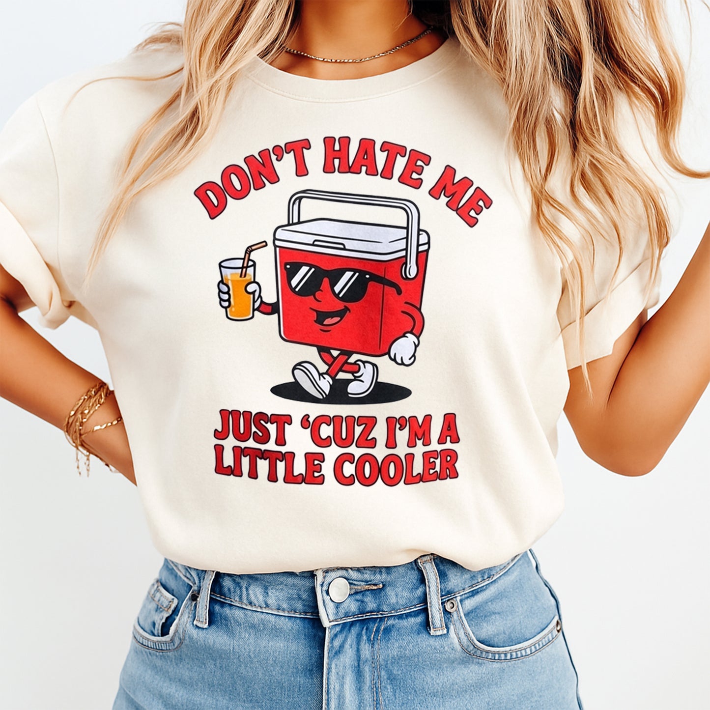 Funny cooler pun graphic displayed on a light color t shirt mockup with red cooler character and summer themed humor text