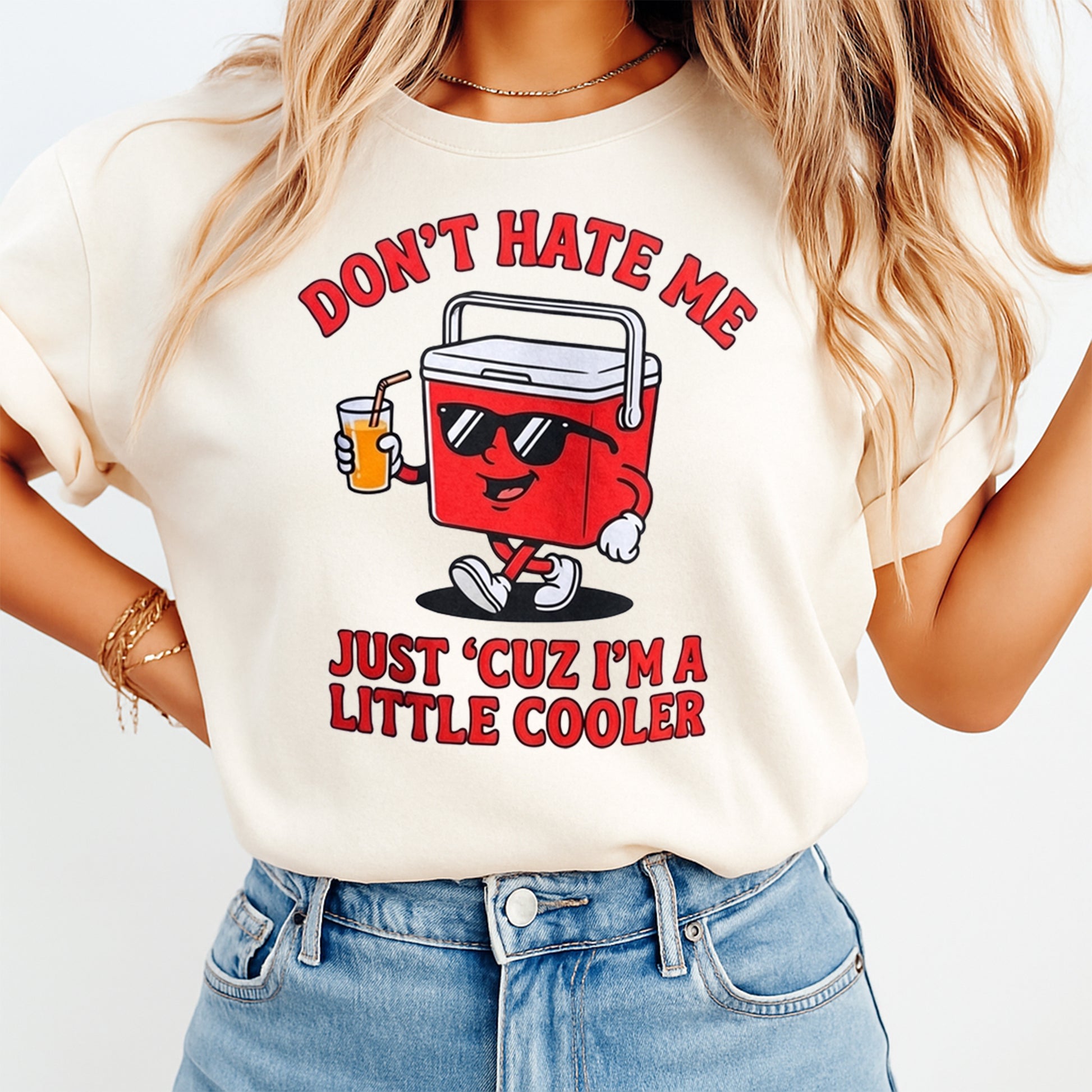 Funny cooler pun graphic displayed on a light color t shirt mockup with red cooler character and summer themed humor text