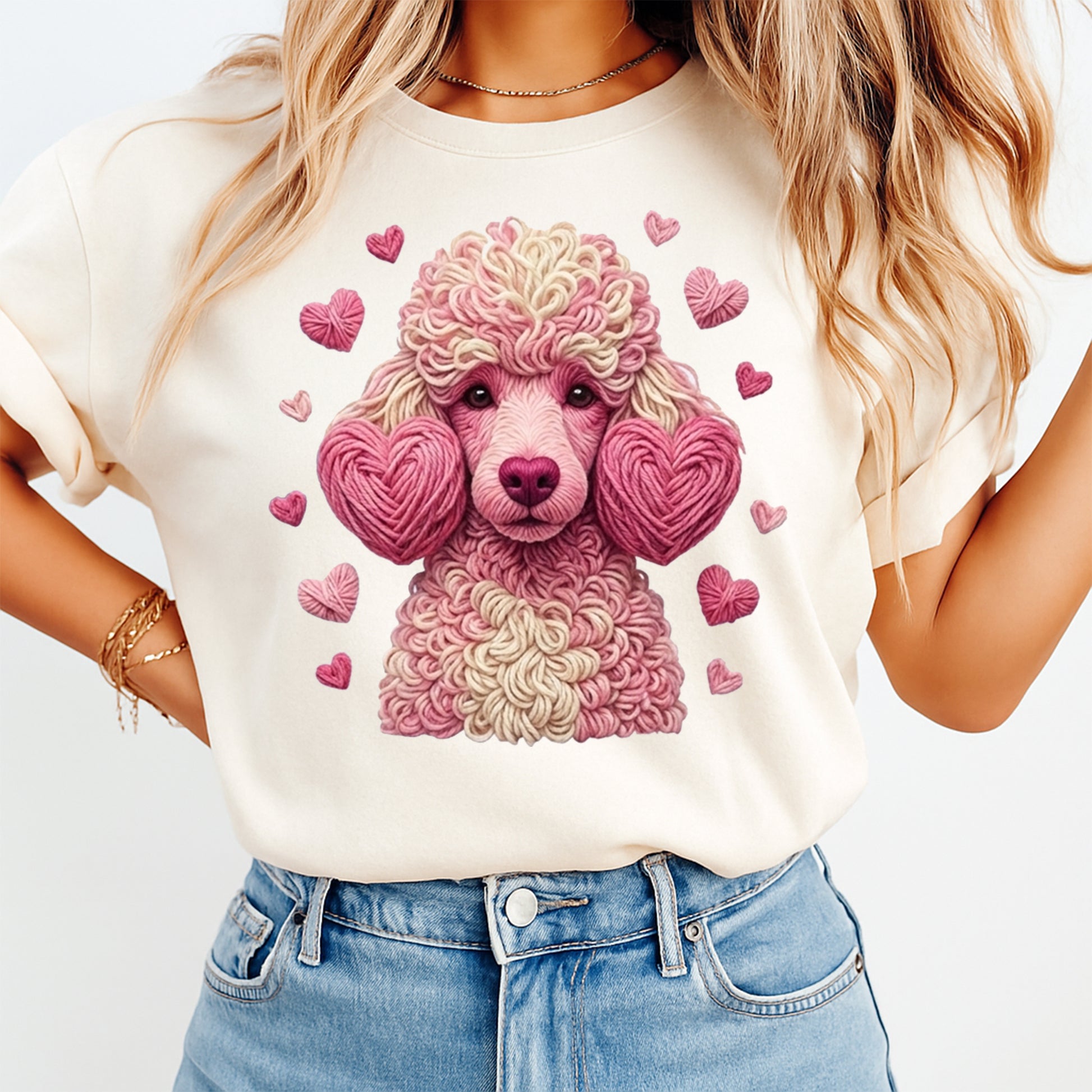 Pink poodle yarn heart graphic displayed on a light color t shirt mockup with dog illustration and soft valentines aesthetic