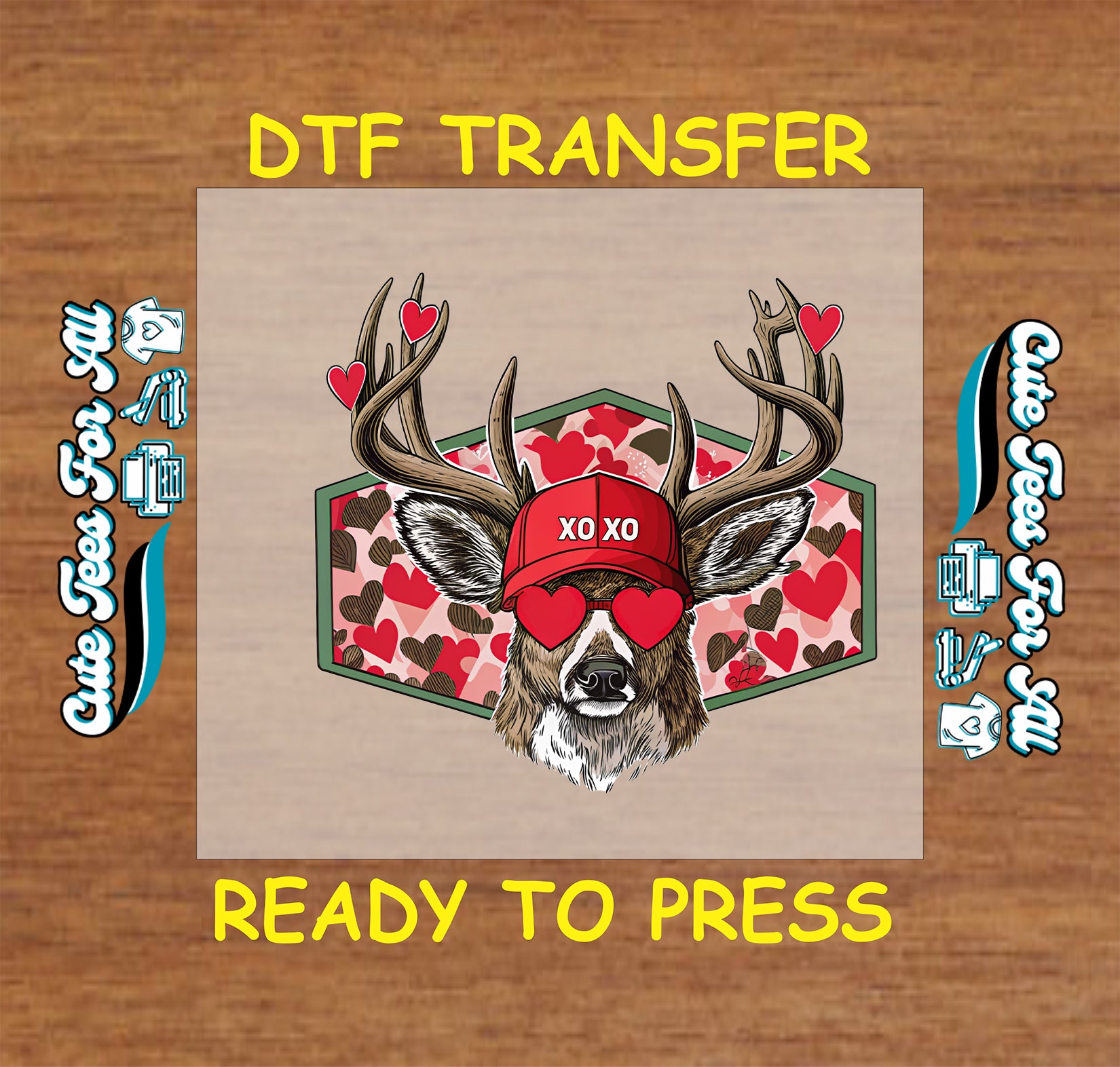 Ready to press dtf transfer artwork featuring a Valentine deer with antlers, heart sunglasses, XO XO hat, and heart pattern background