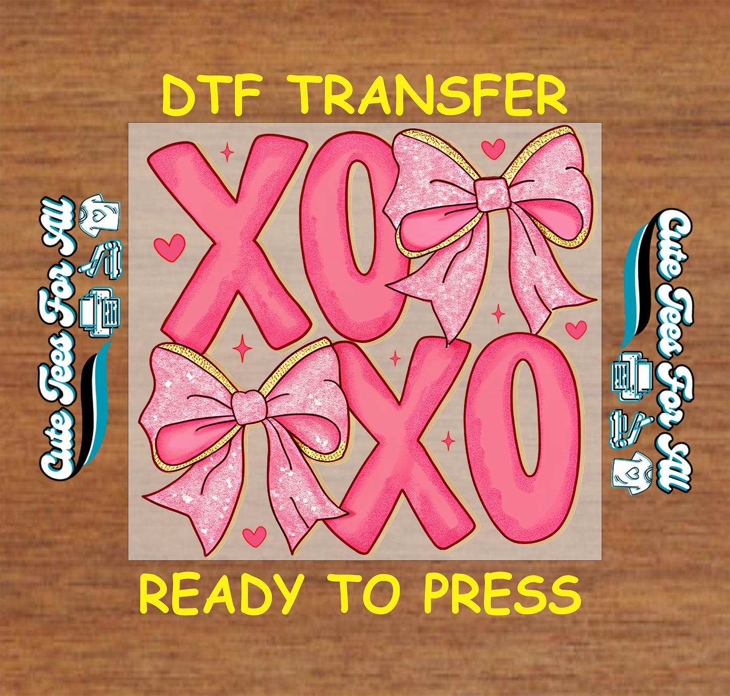 Valentine’s Day ready to press dtf transfer artwork with XOXO pink letters, glitter pink bows, small heart accents, and sparkle details