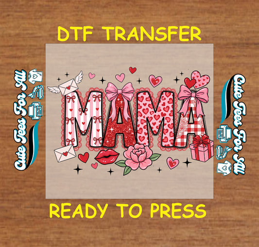 Valentine’s Day ready to press dtf transfer artwork with MAMA text in heart themed patterns, bows, envelopes, flowers, lips, and gift icons