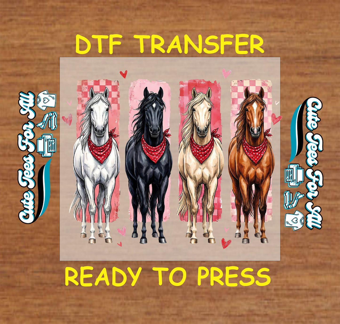 Valentine’s Day ready to press dtf transfer artwork with four western horses wearing red bandanas and pink Valentine heart background accents
