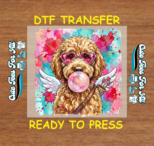 Valentine’s Day ready to press dtf transfer artwork featuring a cupid dog with heart glasses, angel wings, bubblegum bubble, arrows, and watercolor heart background