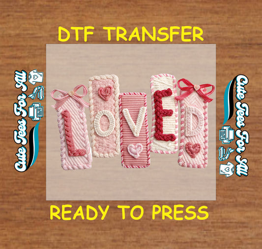 Valentine’s Day LOVE pink yarn lettering ready to press dtf transfer with stitched hearts and bows iron on heat transfer decal for DIY Valentine shirts