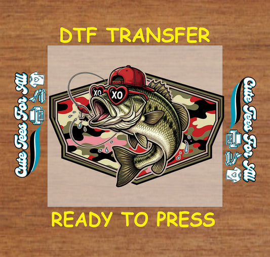 Valentine’s Day bass fish ready to press dtf transfer with heart sunglasses red hat fishing lure iron on heat transfer decal for DIY Valentine shirts