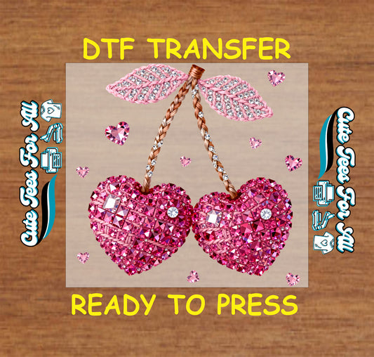 Pink rhinestone heart cherry artwork ready to press dtf transfer with crystal style details and Valentine theme