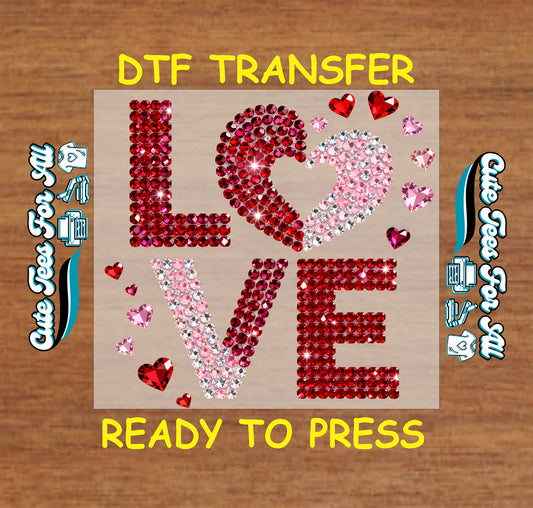 Rhinestone LOVE heart artwork ready to press dtf transfer with red and pink crystal style Valentine design