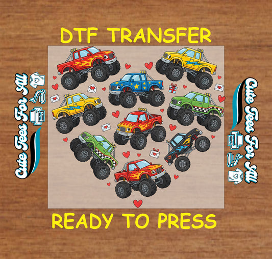 Ready to press dtf transfer with colorful monster trucks forming a heart shape, Valentine love icons, hearts, and playful kids truck artwork