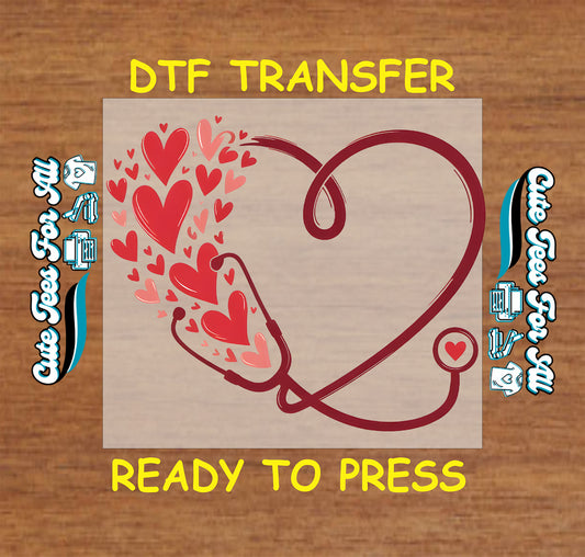 Ready to press dtf Valentine nurse transfer with stethoscope heart design, red and pink hearts, medical love artwork for DIY shirts