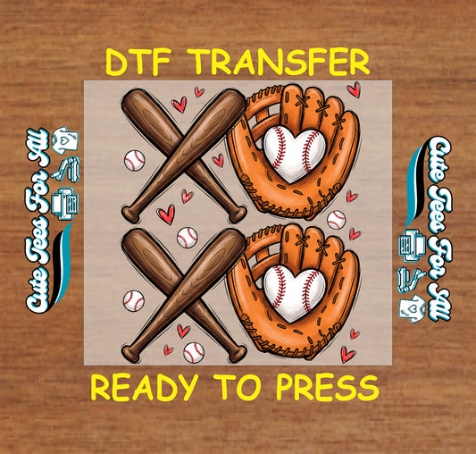 Ready to press dtf Valentine baseball transfer with crossed bats, glove heart, baseballs, and red heart accents