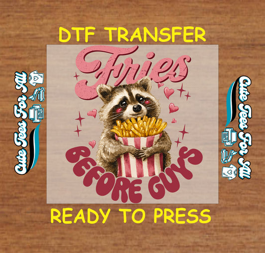 Valentine’s Day fries before guys raccoon ready to press dtf transfer with heart accents and playful typography