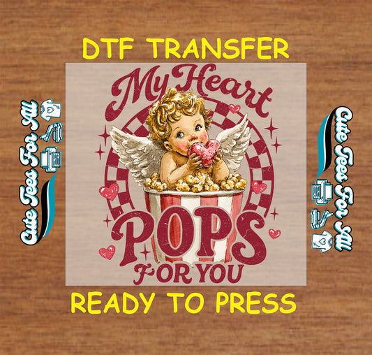 Valentine’s Day my heart pops for you cupid popcorn ready to press dtf transfer with vintage angel illustration and heart details