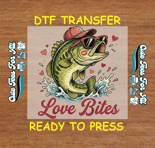 valentine ready to press dtf transfer with love bites text and funny fish illustration wearing sunglasses with hearts and water splash