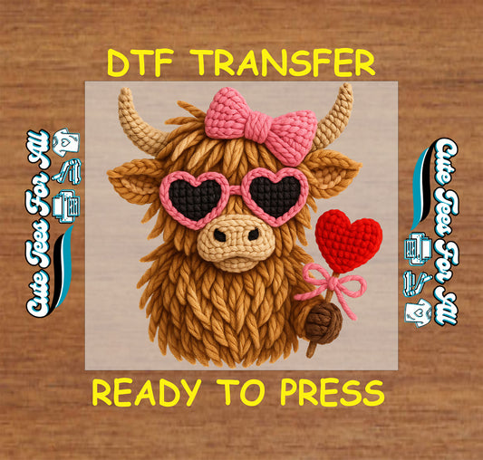 Crochet highland cow Valentine artwork with heart balloon ready to press dtf transfer iron on heat transfer decal for diy Valentine shirts