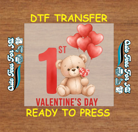 1st Valentine’s Day teddy bear with heart balloons illustration ready to press dtf transfer on transparent background