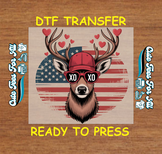 patriotic deer with xo heart sunglasses american flag valentine illustration ready to press dtf transfer on transparent background