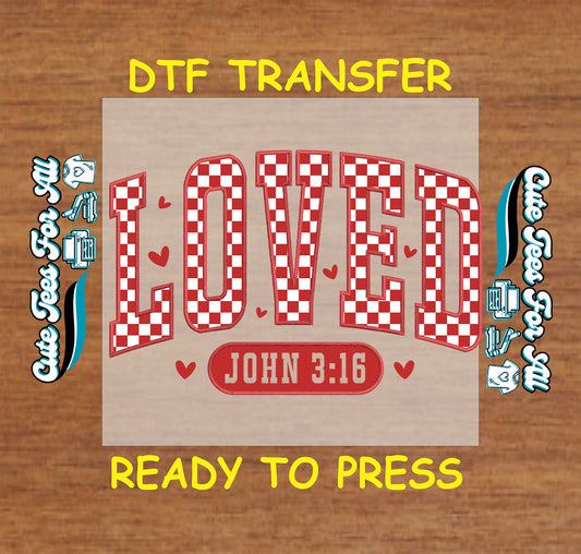loved john 316 red checkered lettering with hearts valentine scripture ready to press dtf transfer on transparent background