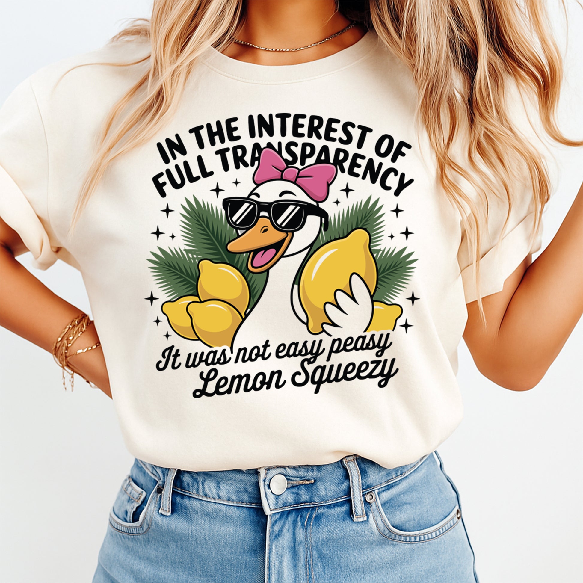 cream shirt mockup showing sarcastic lemon goose graphic with transparency quote text