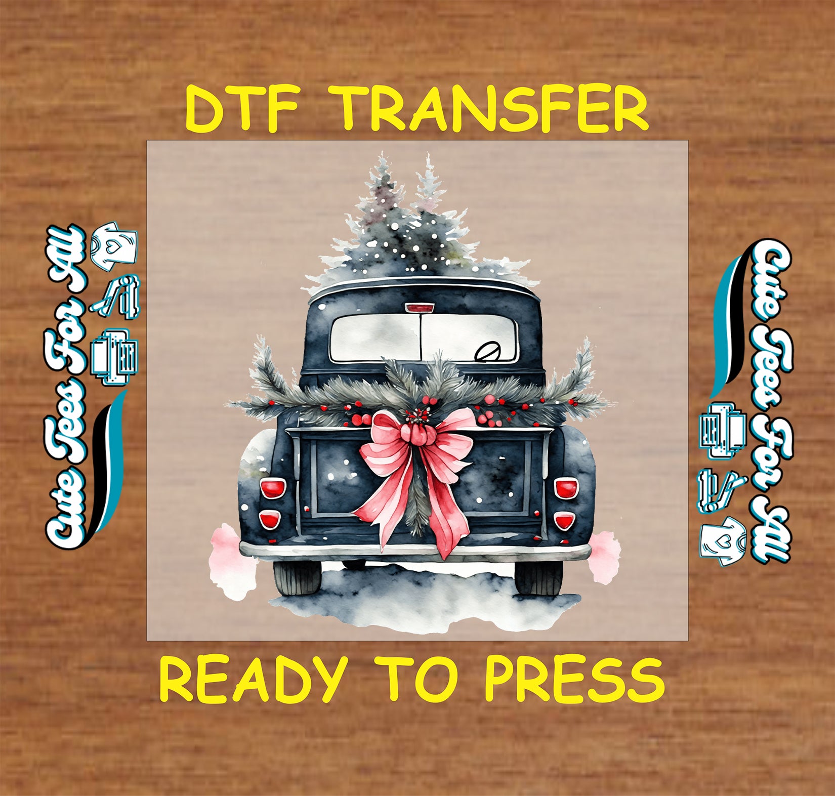 vintage christmas truck with tree and bow ready to press dtf transfer winter holiday design