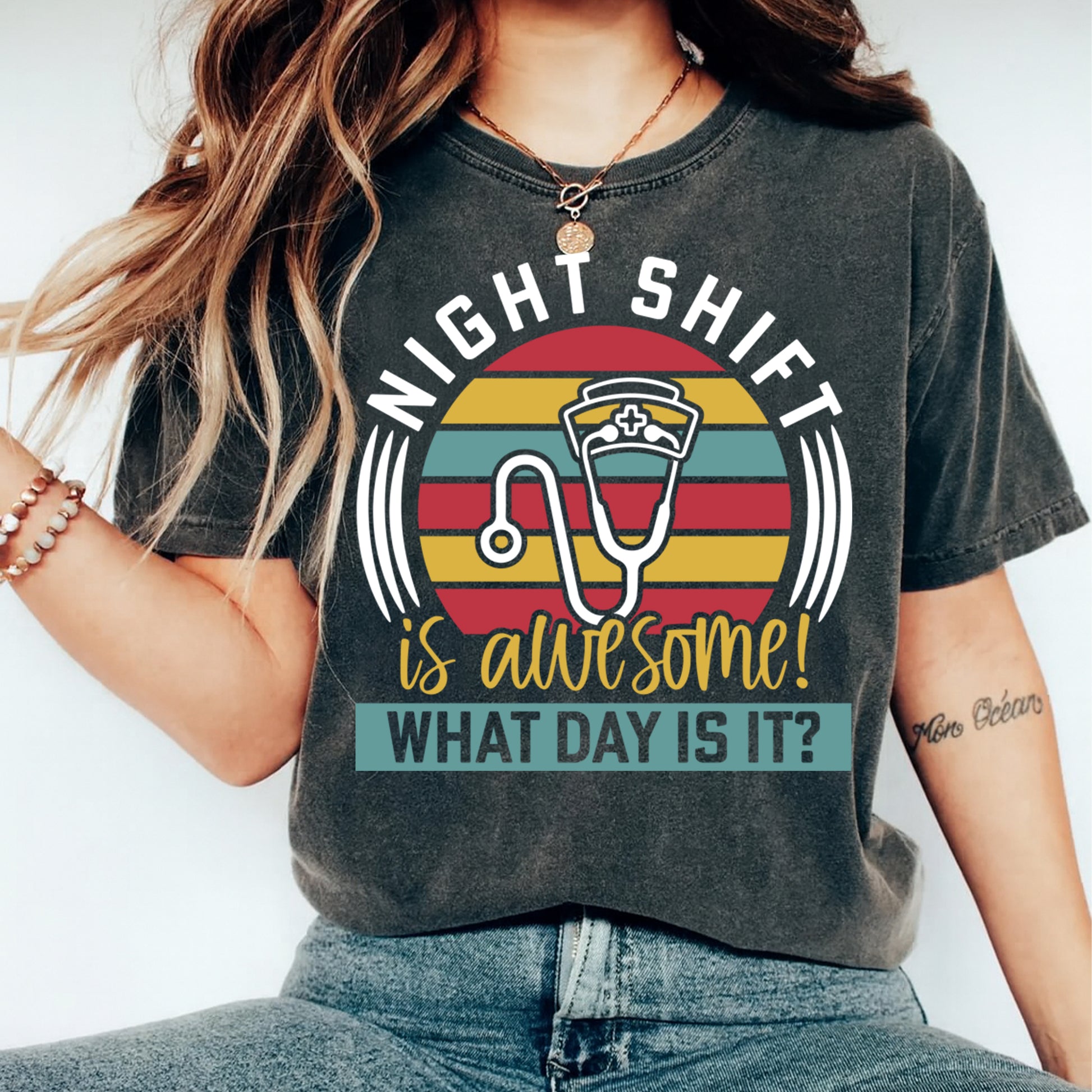 dark shirt mockup showing night shift nurse stethoscope retro stripe graphic