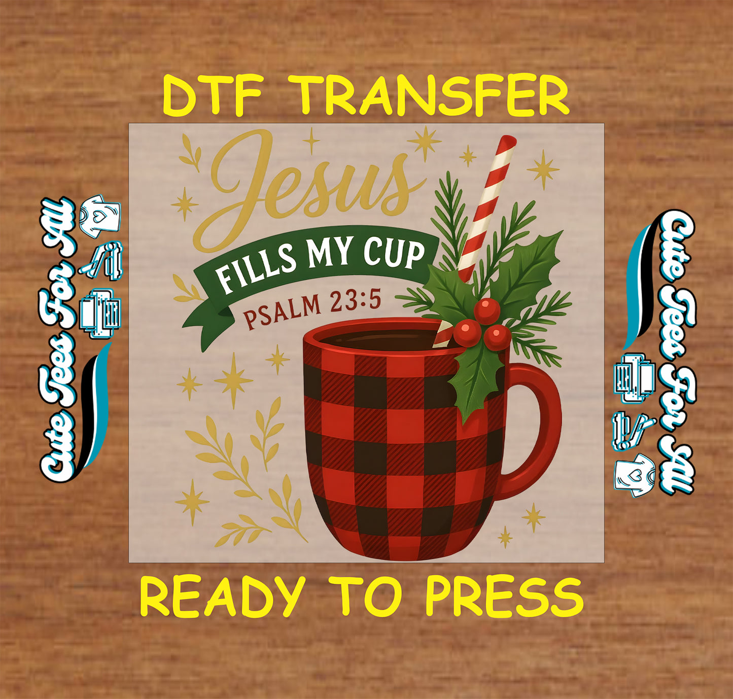 Jesus fills my cup Psalm 23 5 ready to press dtf transfer with buffalo plaid coffee mug and faith scripture artwork