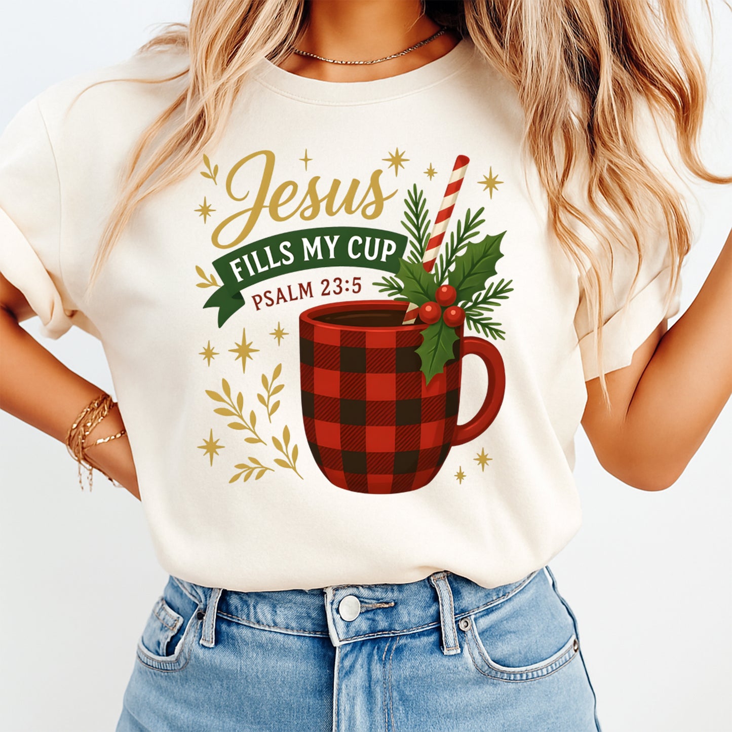 Faith coffee mug scripture design Jesus fills my cup shown on light t shirt mockup with Christian seasonal artwork