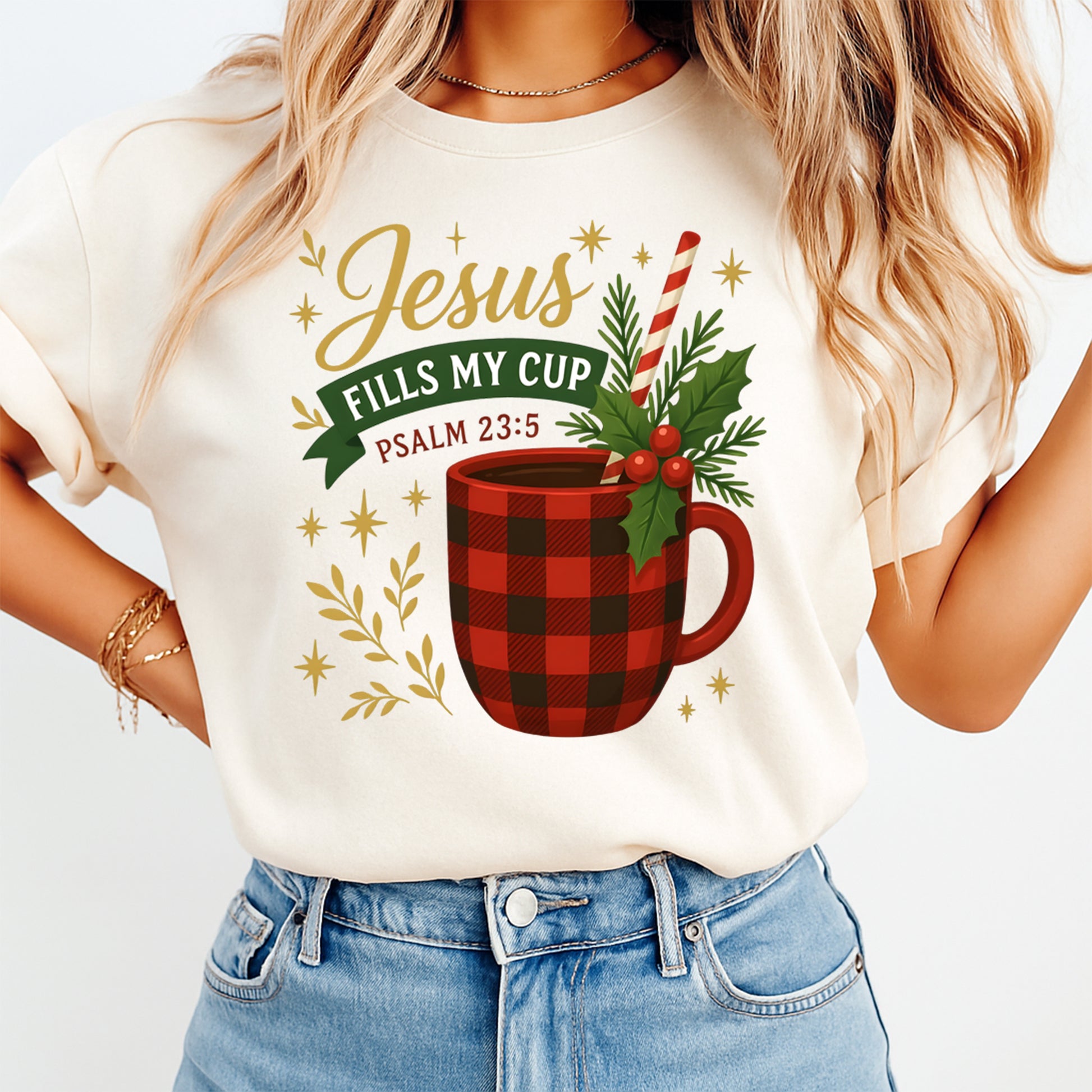 Faith coffee mug scripture design Jesus fills my cup shown on light t shirt mockup with Christian seasonal artwork