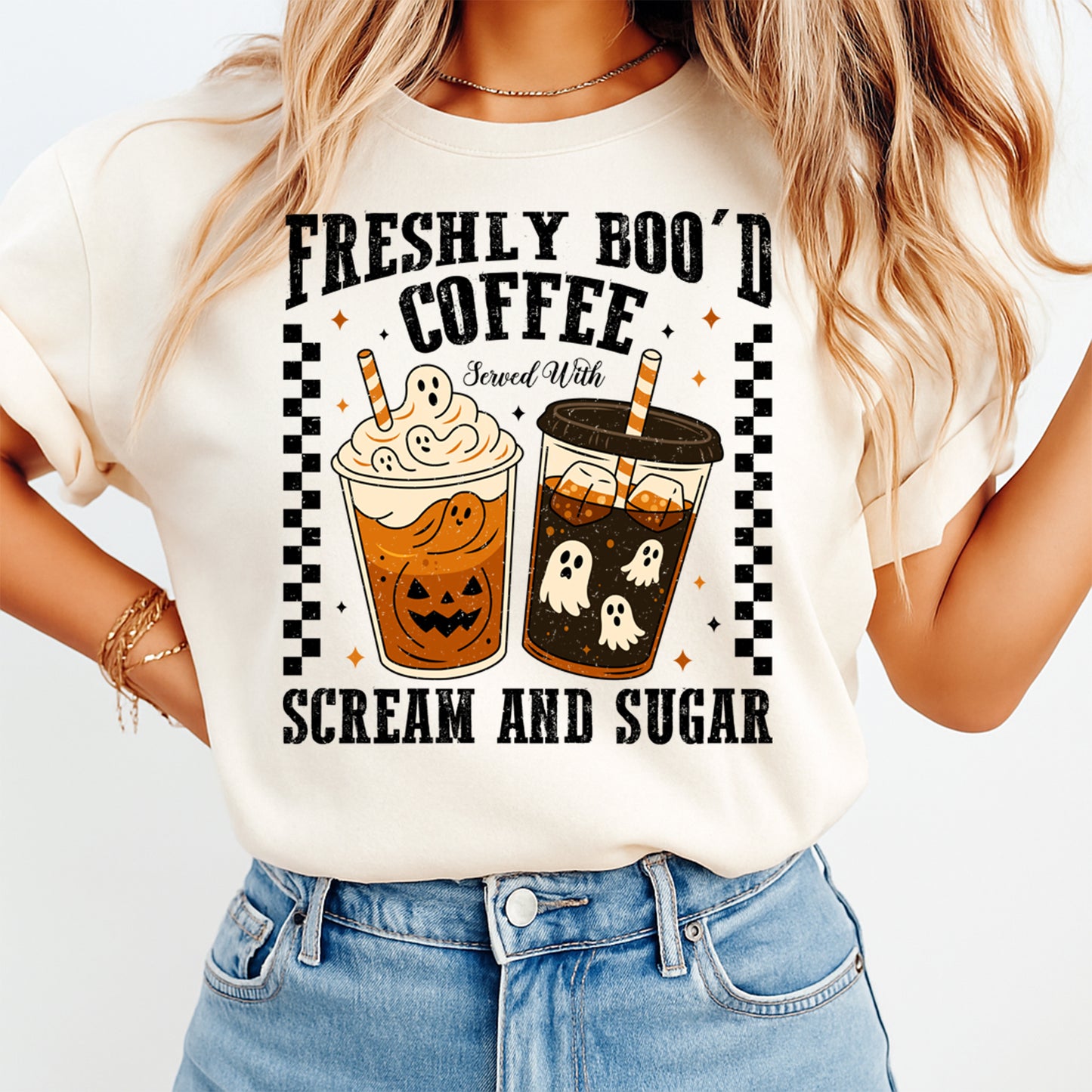 Halloween coffee graphic freshly boo’d coffee shown on light t shirt mockup with spooky ghost drink illustration
