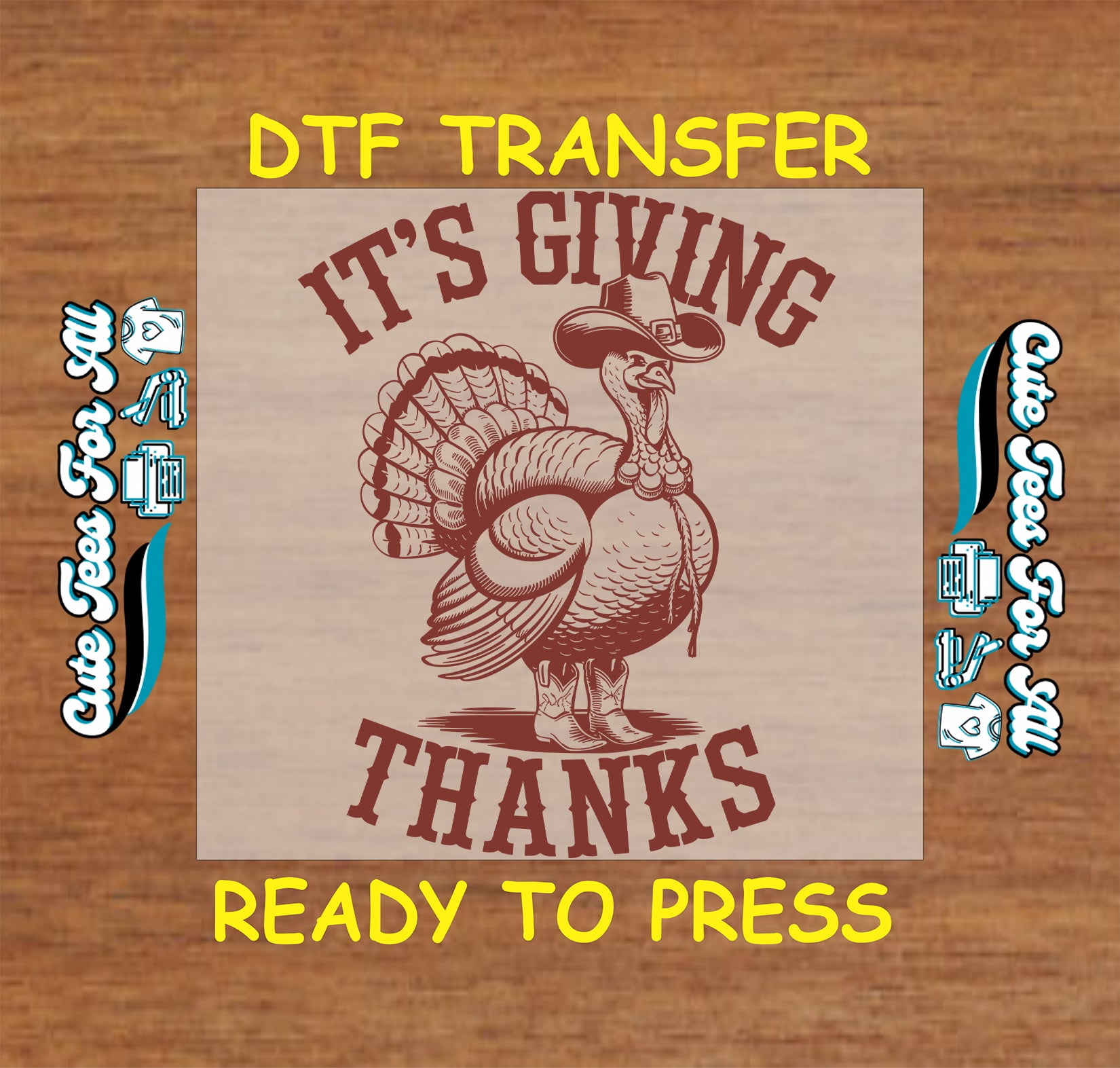 It’s giving thanks Thanksgiving ready to press dtf transfer with vintage turkey illustration and rustic holiday typography