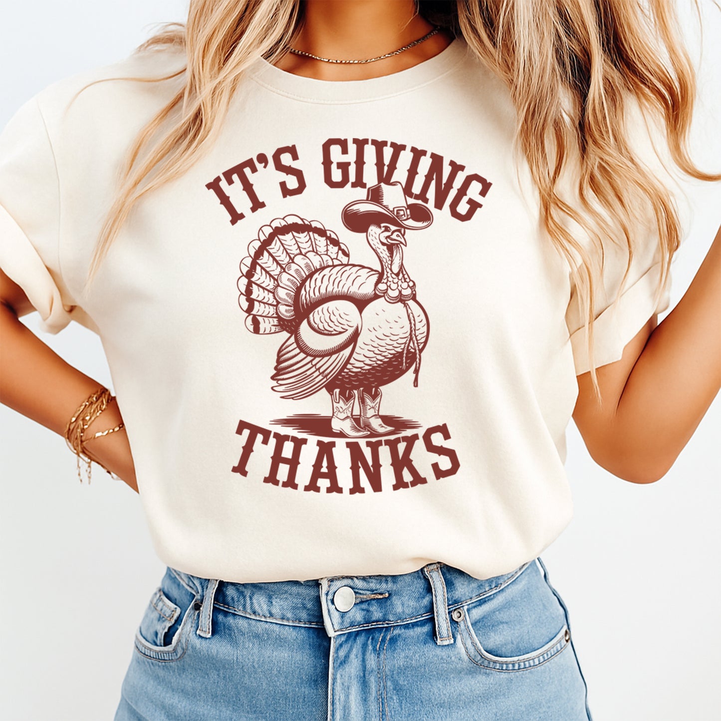 Thanksgiving turkey graphic it’s giving thanks shown on light t shirt mockup with classic fall harvest artwork