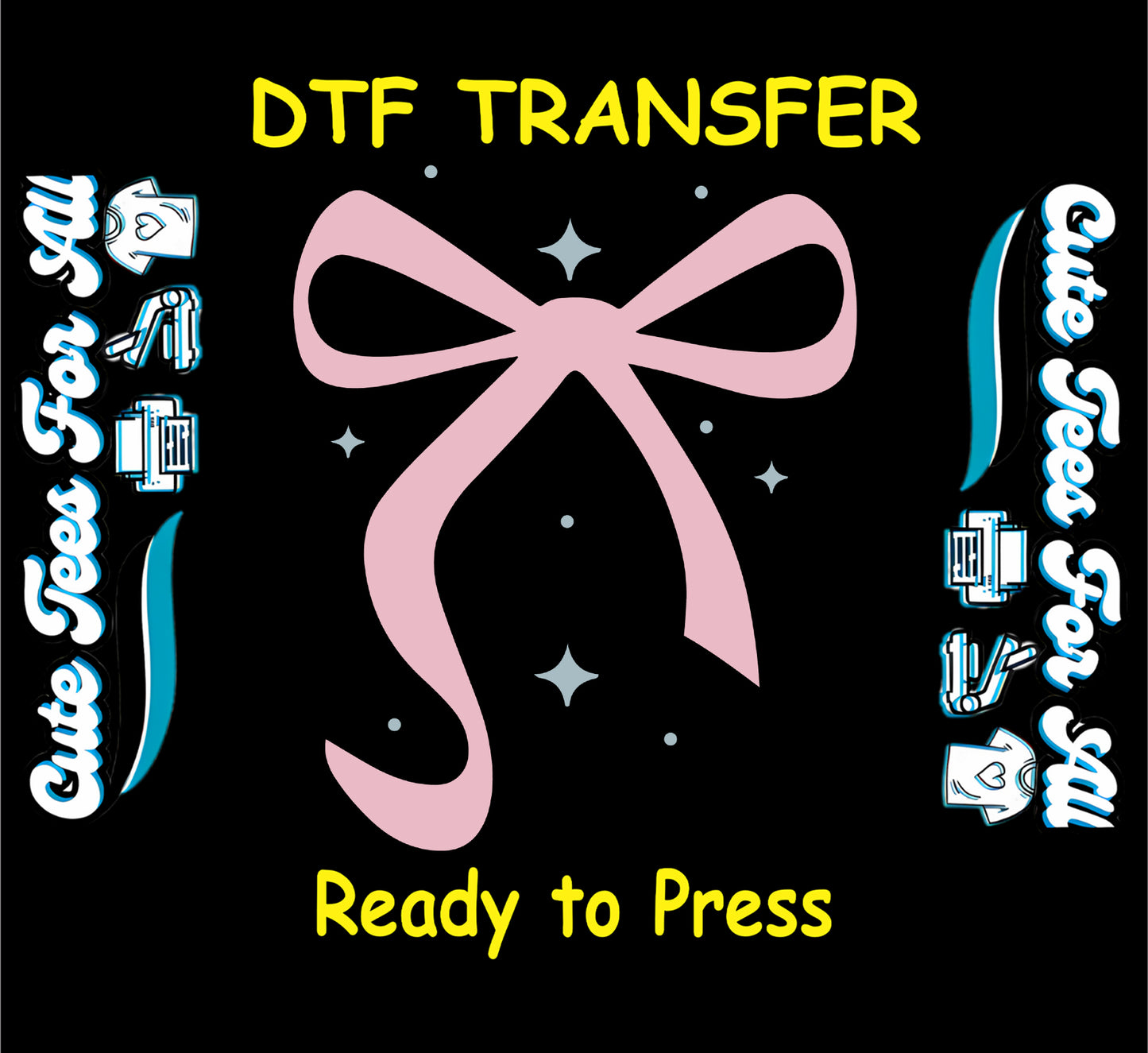 Pink minimalist bow ready to press dtf transfer with soft feminine ribbon shape and subtle sparkle accents