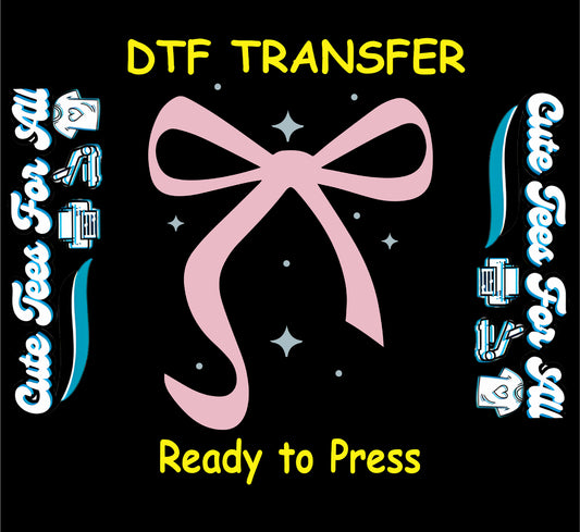Pink minimalist bow ready to press dtf transfer with soft feminine ribbon shape and subtle sparkle accents