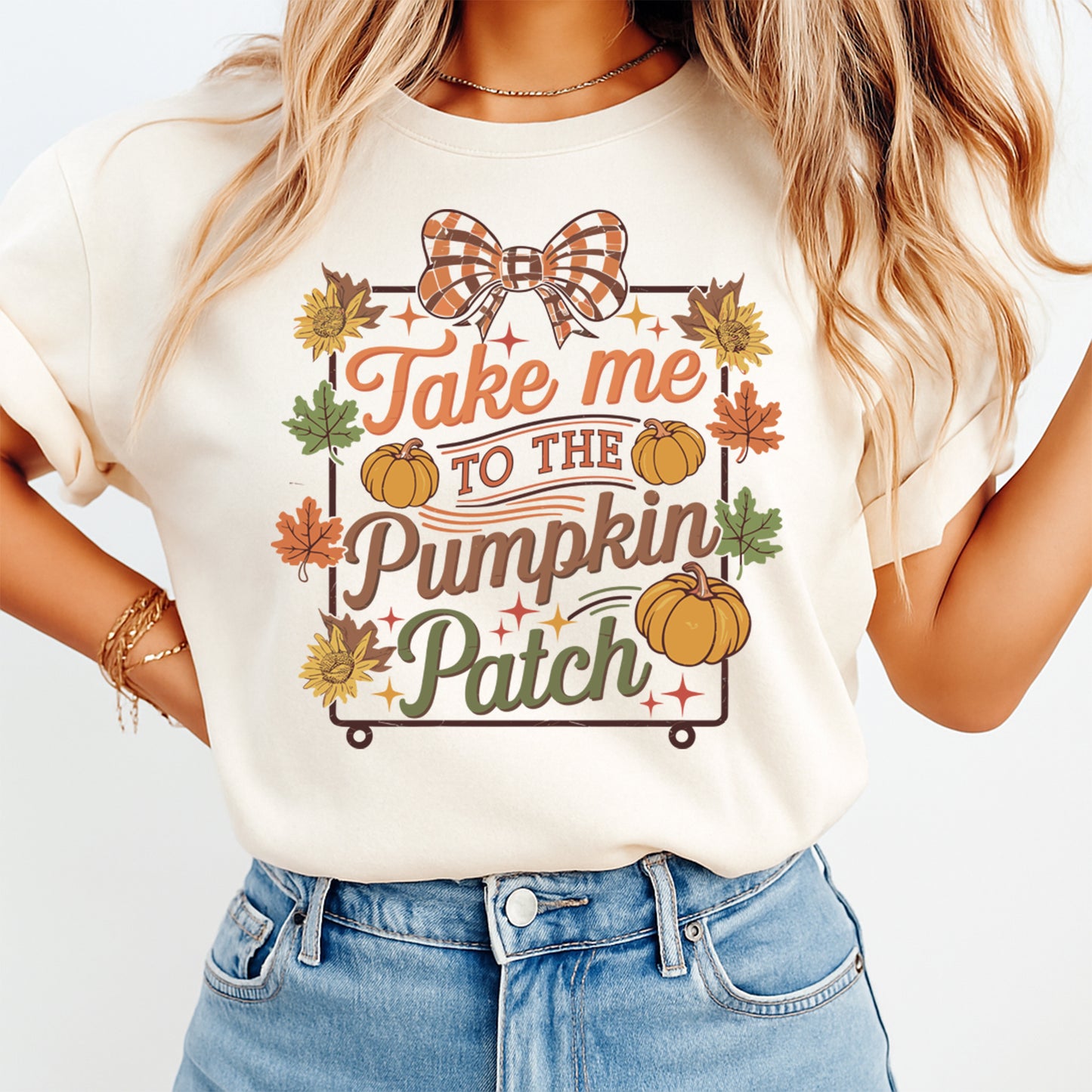 Fall pumpkin patch graphic take me to the pumpkin patch shown on light t shirt mockup with cozy autumn design