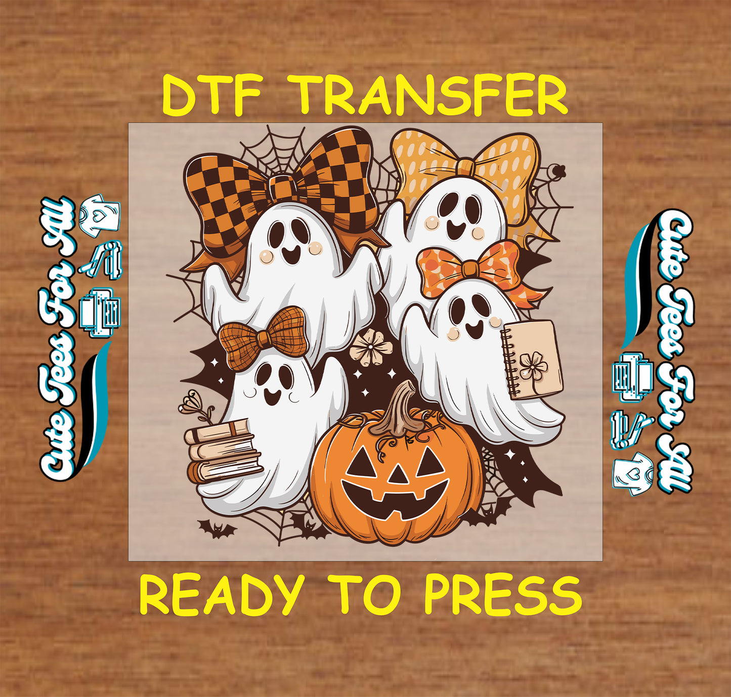 Halloween ready to press dtf transfer featuring stacked ghosts with bows pumpkin spider webs and fall details for DIY Halloween shirts