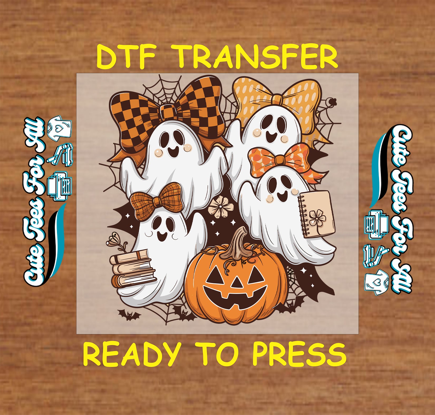 Halloween ready to press dtf transfer featuring stacked ghosts with bows pumpkin spider webs and fall details for DIY Halloween shirts