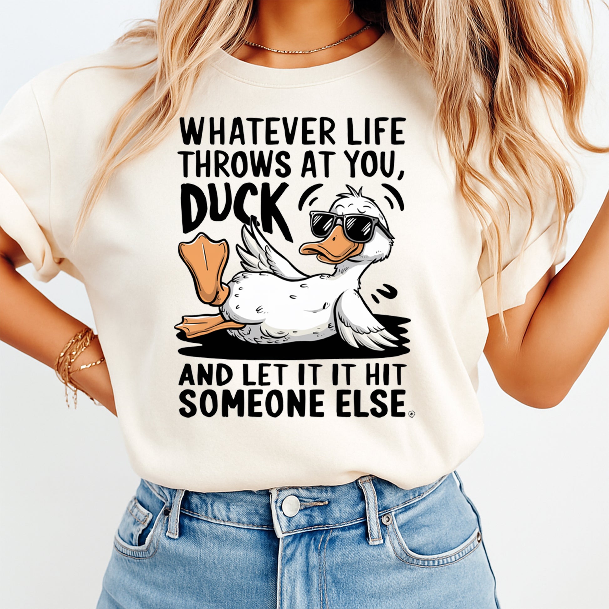 Ready to press dtf transfer shown on cream shirt mockup with sunglasses duck graphic and funny quote text for diy shirts.