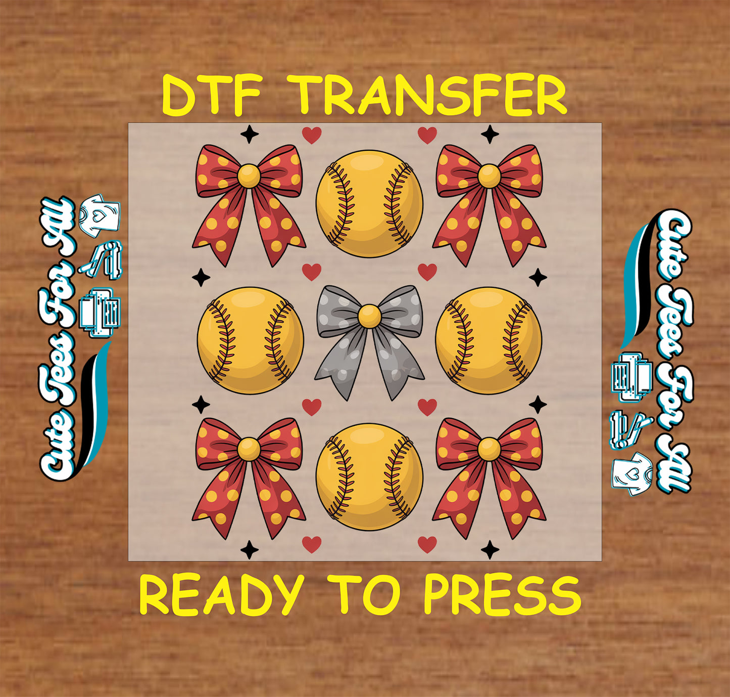 Ready to press dtf transfer artwork with softball bow heart pattern featuring yellow softballs and red bows for diy shirts.