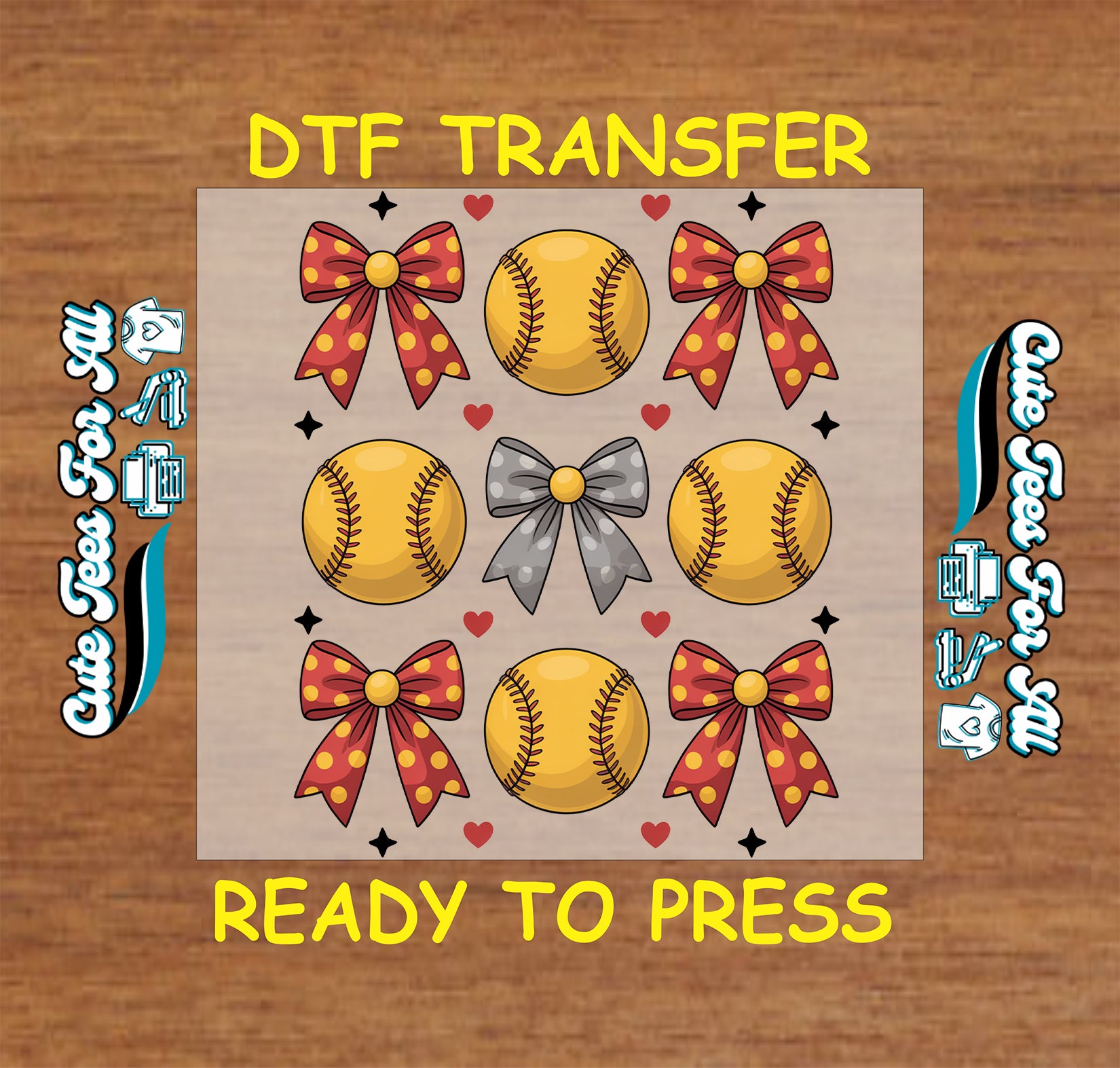 Ready to press dtf transfer artwork with softball bow heart pattern featuring yellow softballs and red bows for diy shirts.