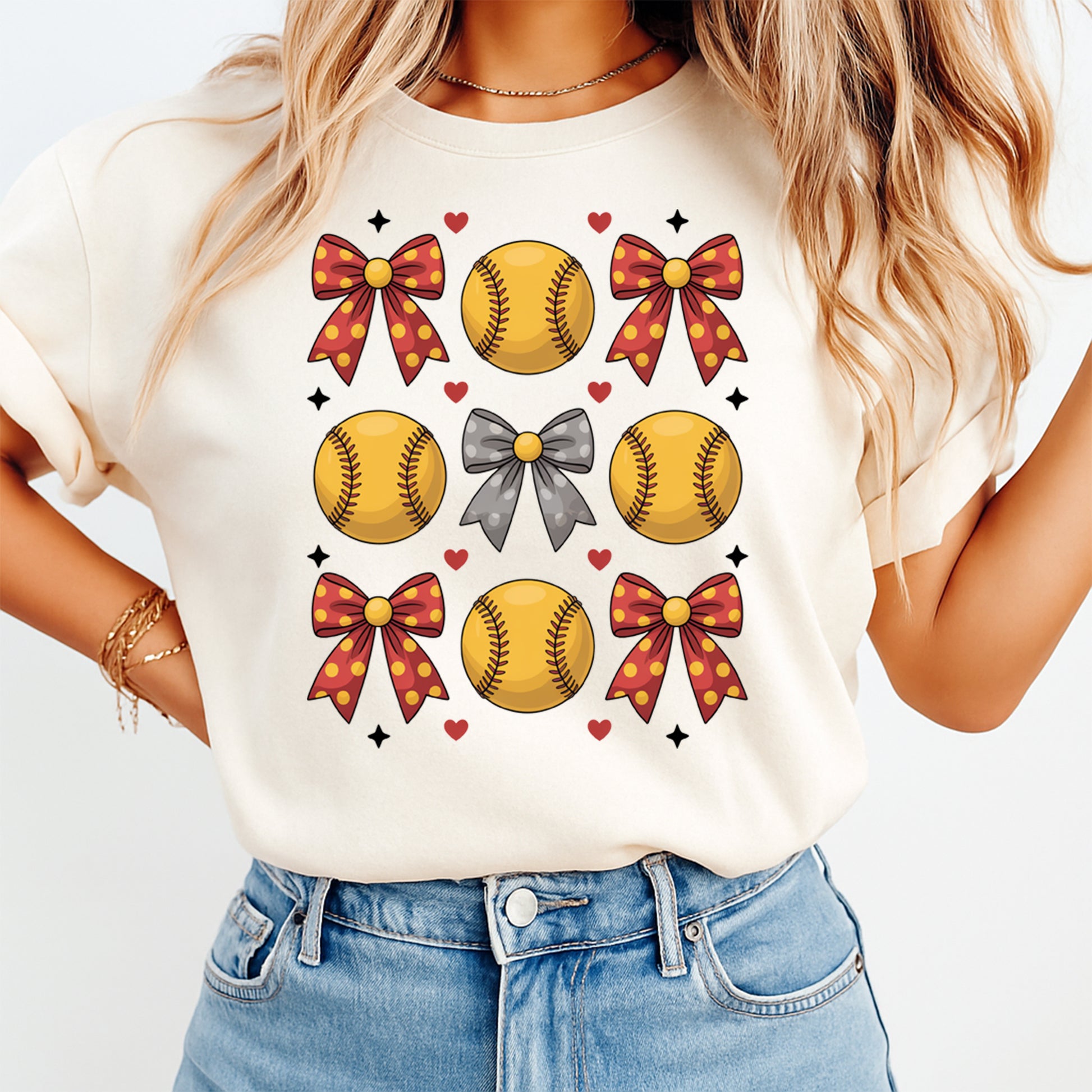 Ready to press dtf transfer shown on light shirt mockup with repeating softball and bow pattern for diy softball shirts.