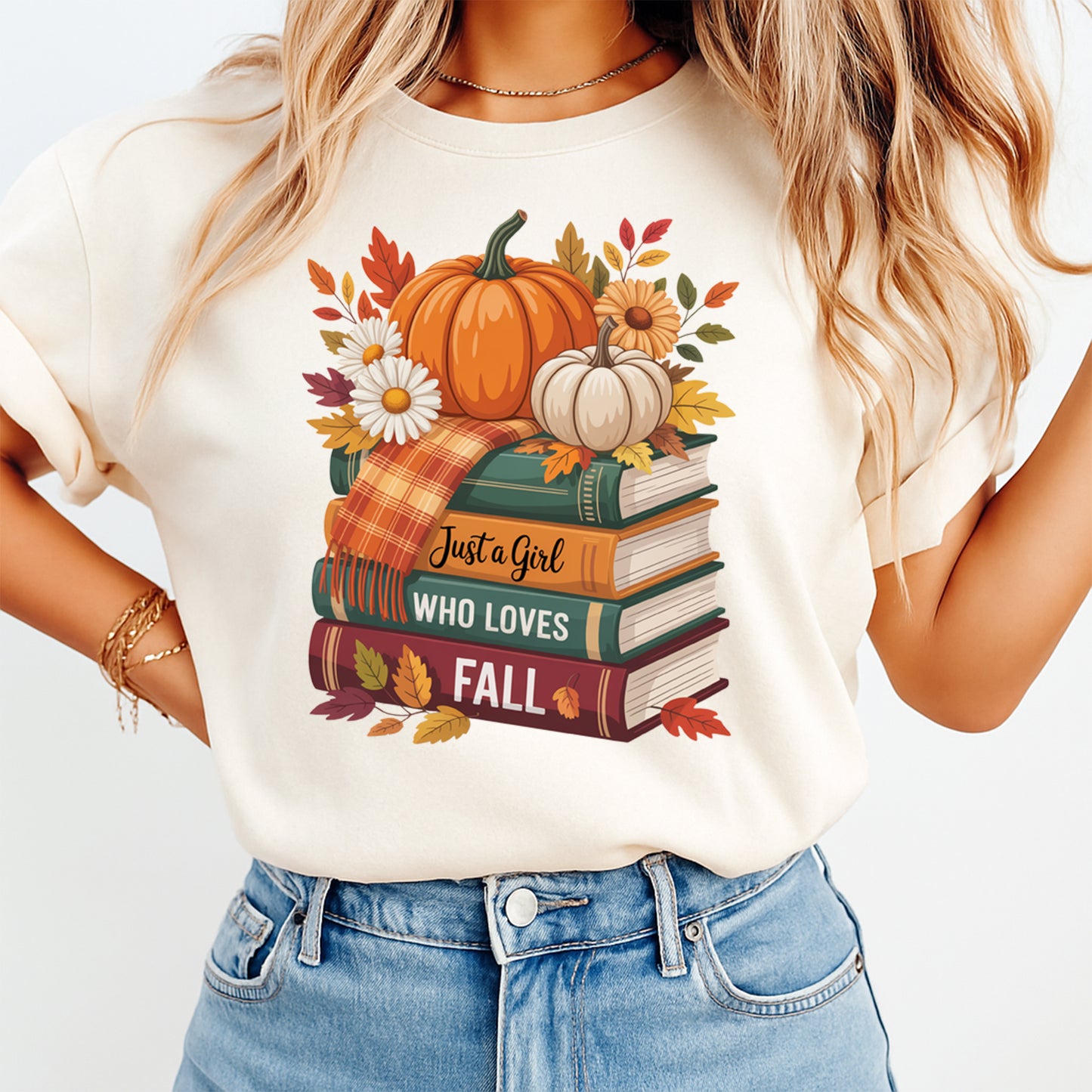Ready to press dtf transfer shown on light shirt mockup with fall book stack pumpkin floral design and cozy autumn theme.
