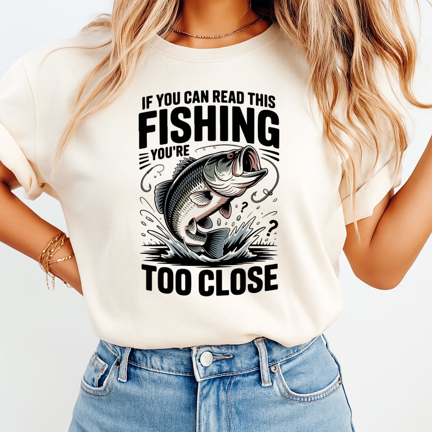 Ready to press dtf transfer shown on light shirt mockup with funny fishing quote and bass fish graphic for diy funny shirts.