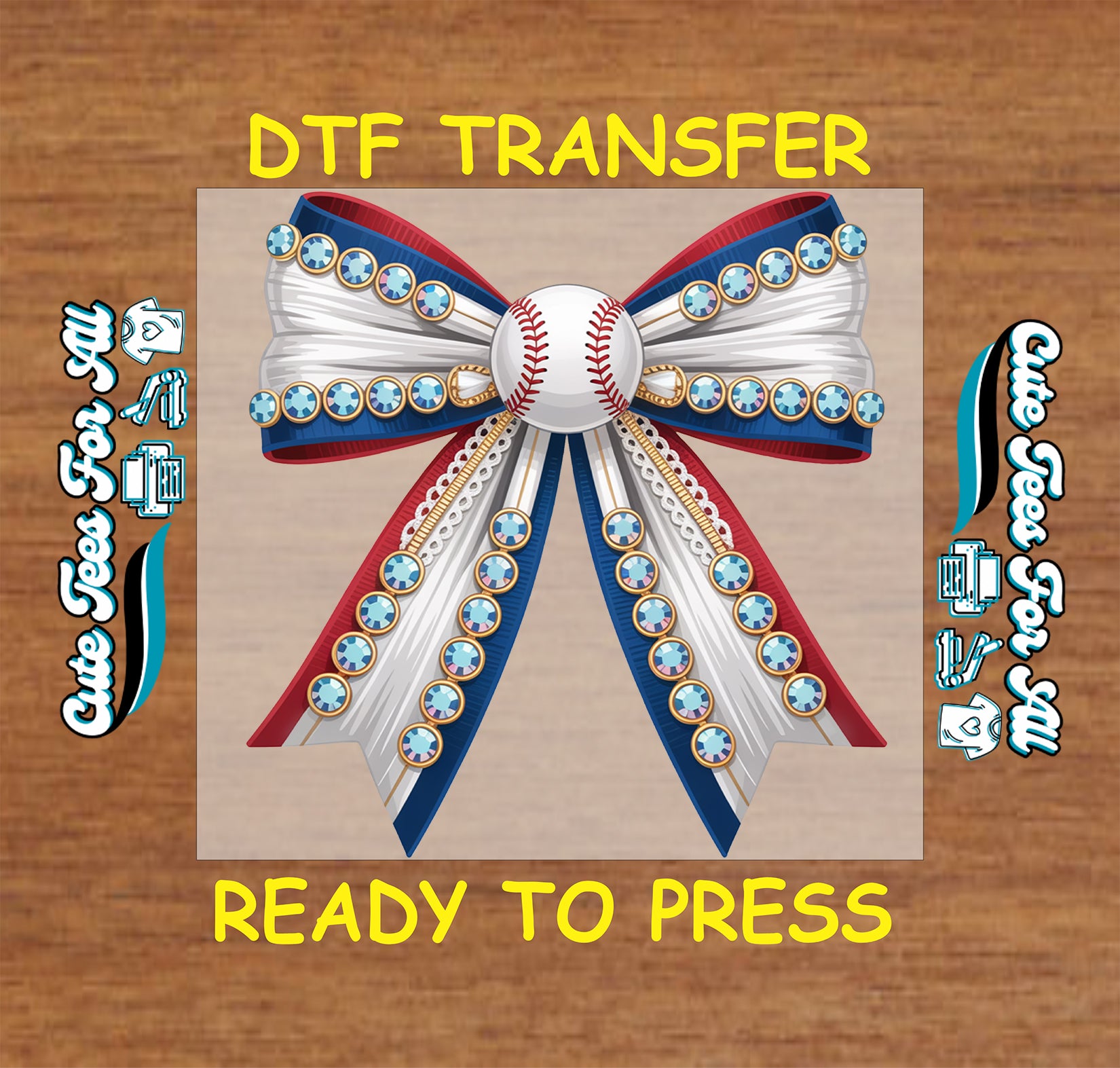 Ready to press dtf transfer artwork featuring patriotic baseball bow with red white blue ribbons rhinestone accents and stitched baseball center for diy baseball shirts.