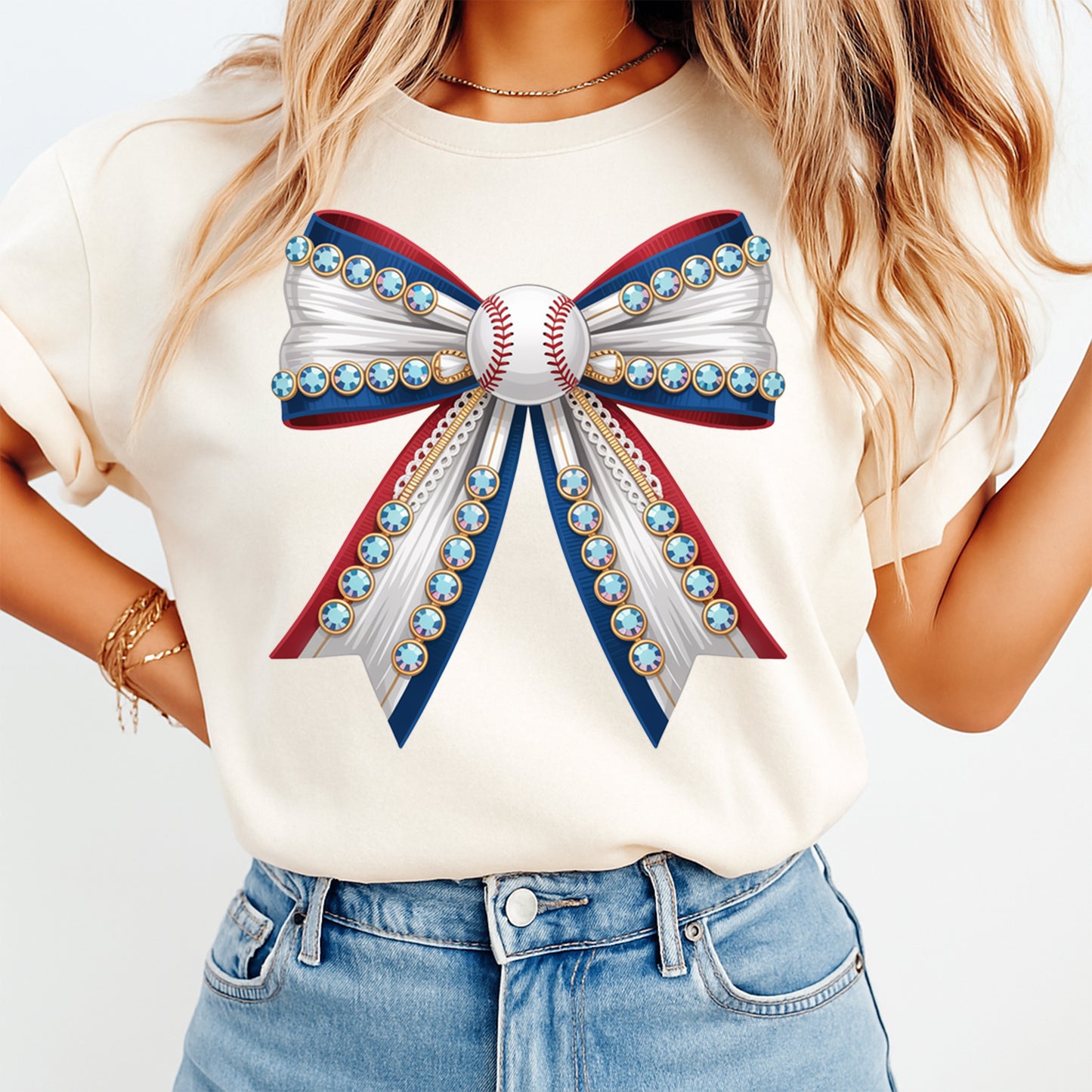 Ready to press dtf transfer shown on light shirt mockup with red white blue baseball bow and rhinestone style sports graphic.