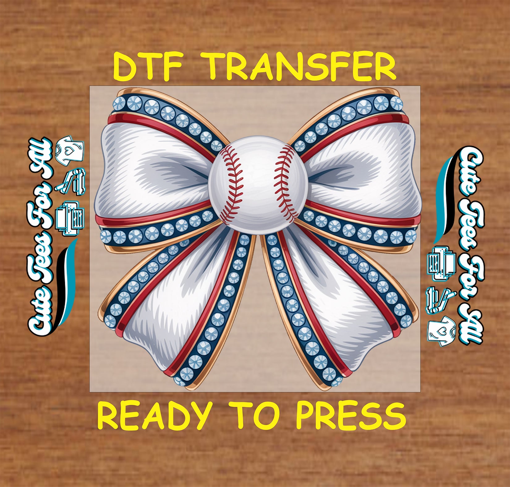 Baseball bow ready to press dtf transfer with rhinestone style details, red white and blue ribbon, and stitched baseball center