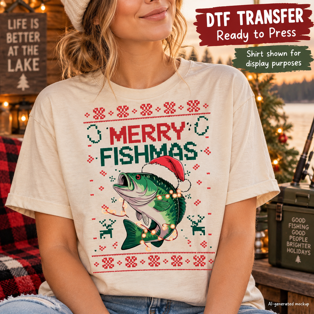 A woman wearing a cream-colored t-shirt with a festive Christmas fish graphic that reads 'MERRY FISHMAS' in red and green, featuring a bass wearing a Santa hat. The background depicts a cozy, warmly lit holiday scene with a Christmas tree and lights.