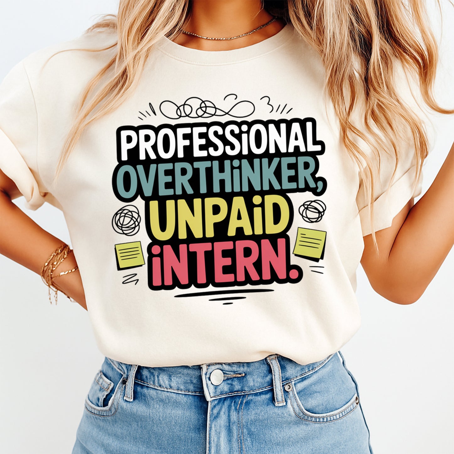 Funny sarcastic shirt mockup featuring professional overthinker unpaid intern text on a neutral tee for diy funny shirts